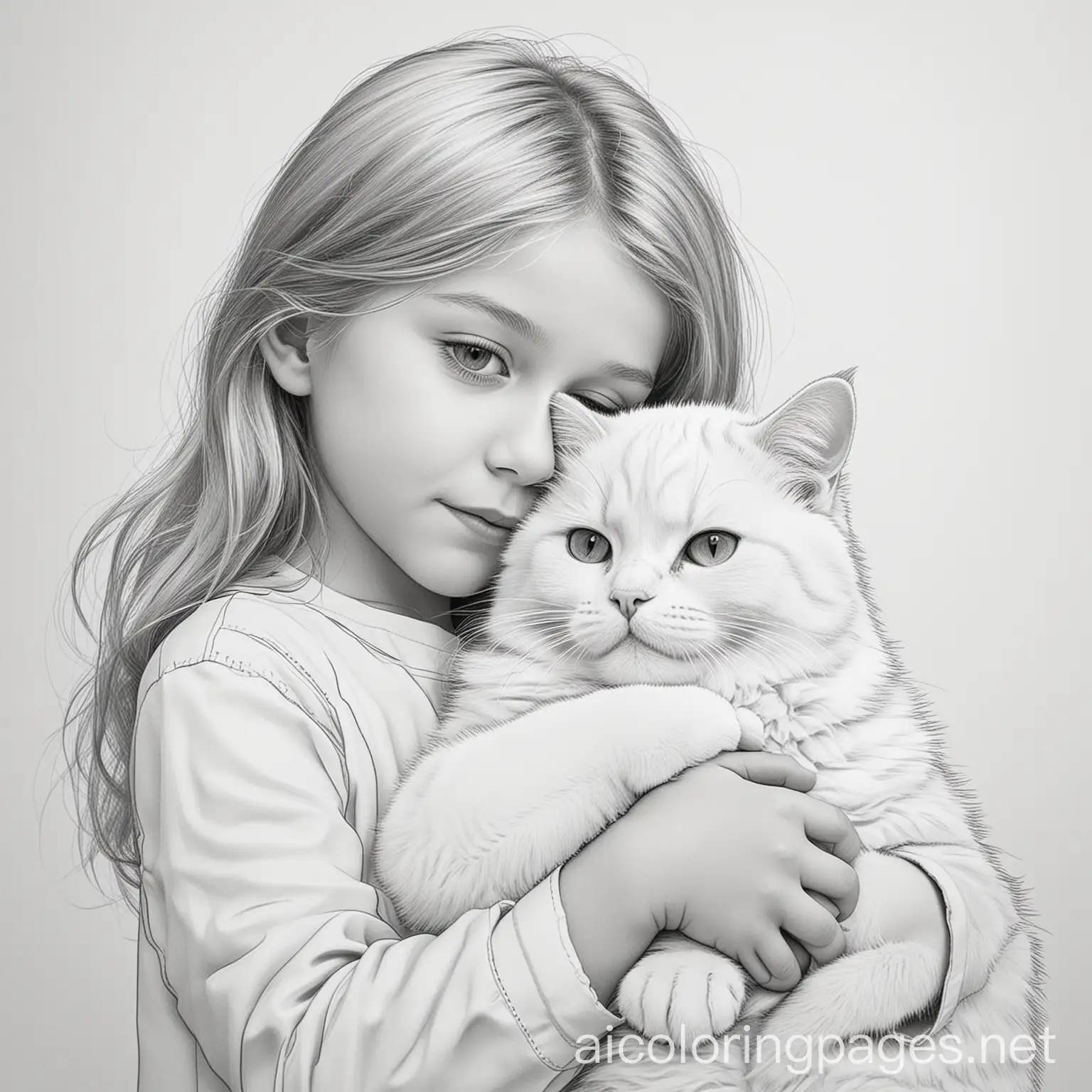 Young Child Cuddling a Fluffy Cat Coloring Page1, Coloring Page, black and white, line art, white background, Simplicity, Ample White Space. The background of the coloring page is plain white to make it easy for young children to color within the lines. The outlines of all the subjects are easy to distinguish, making it simple for kids to color without too much difficulty