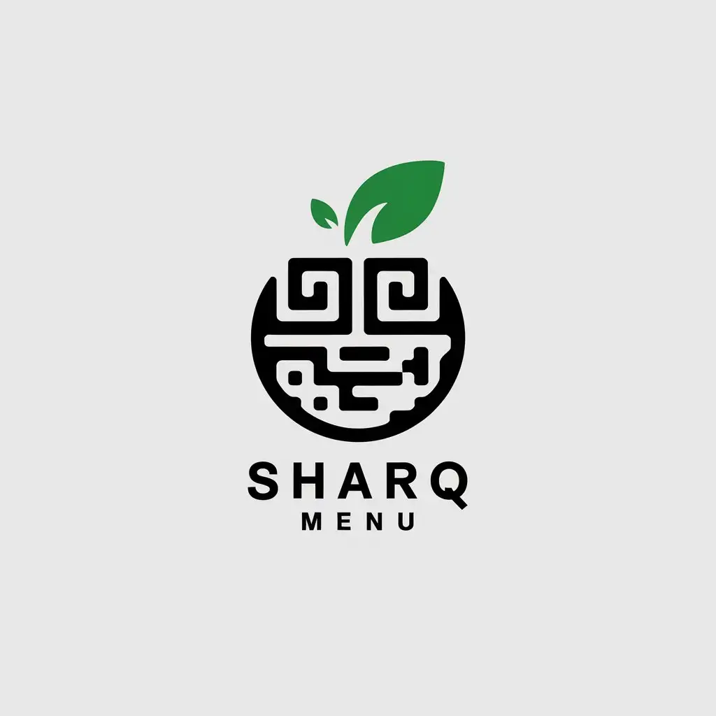 LOGO Design for SHARQ MENU Minimalist Black and White QR Code with Green Leaf Accent