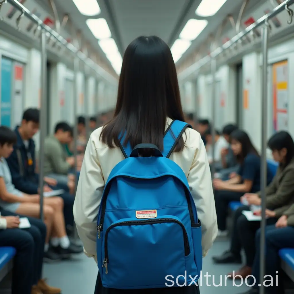 back view of a Japanese schoolgirl with a blue backpack in the subway