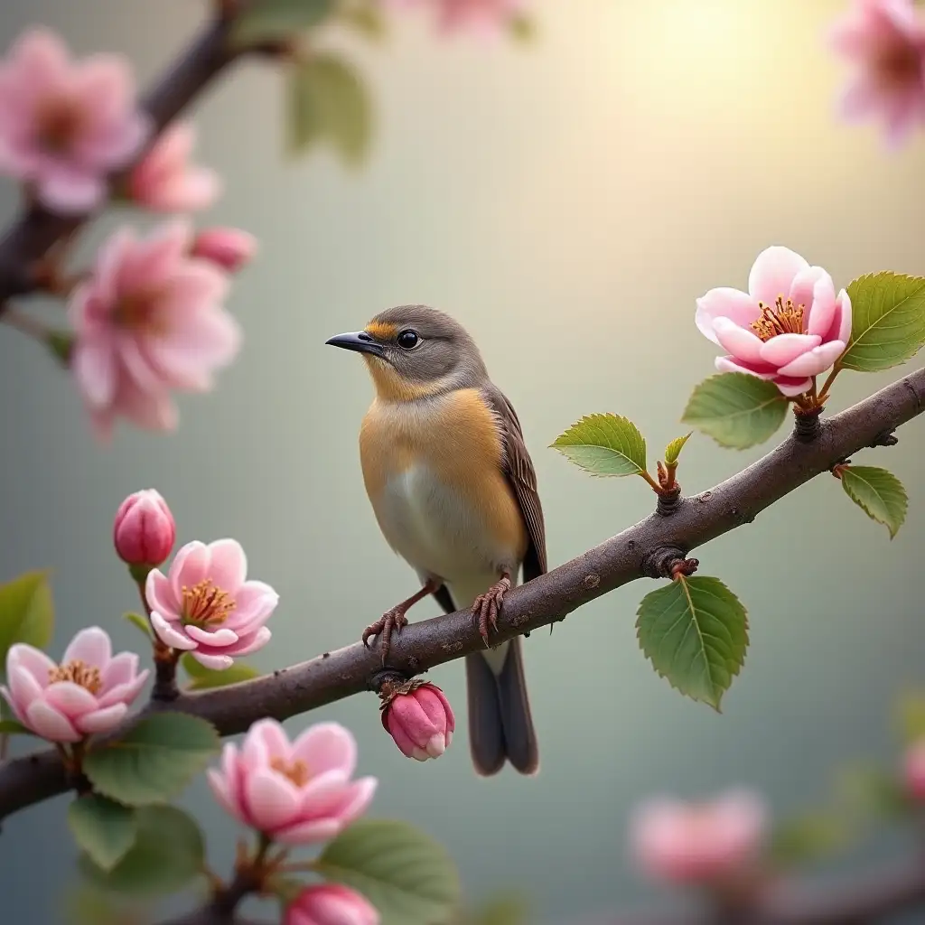 Konoplyanka-Bird-Perched-on-a-Branch-Amidst-Blossoming-Apple-Trees-in-Spring