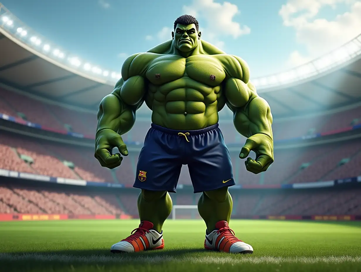 A buff hulk at a football stadium, in football boots, and clothing of the Barcelona football club