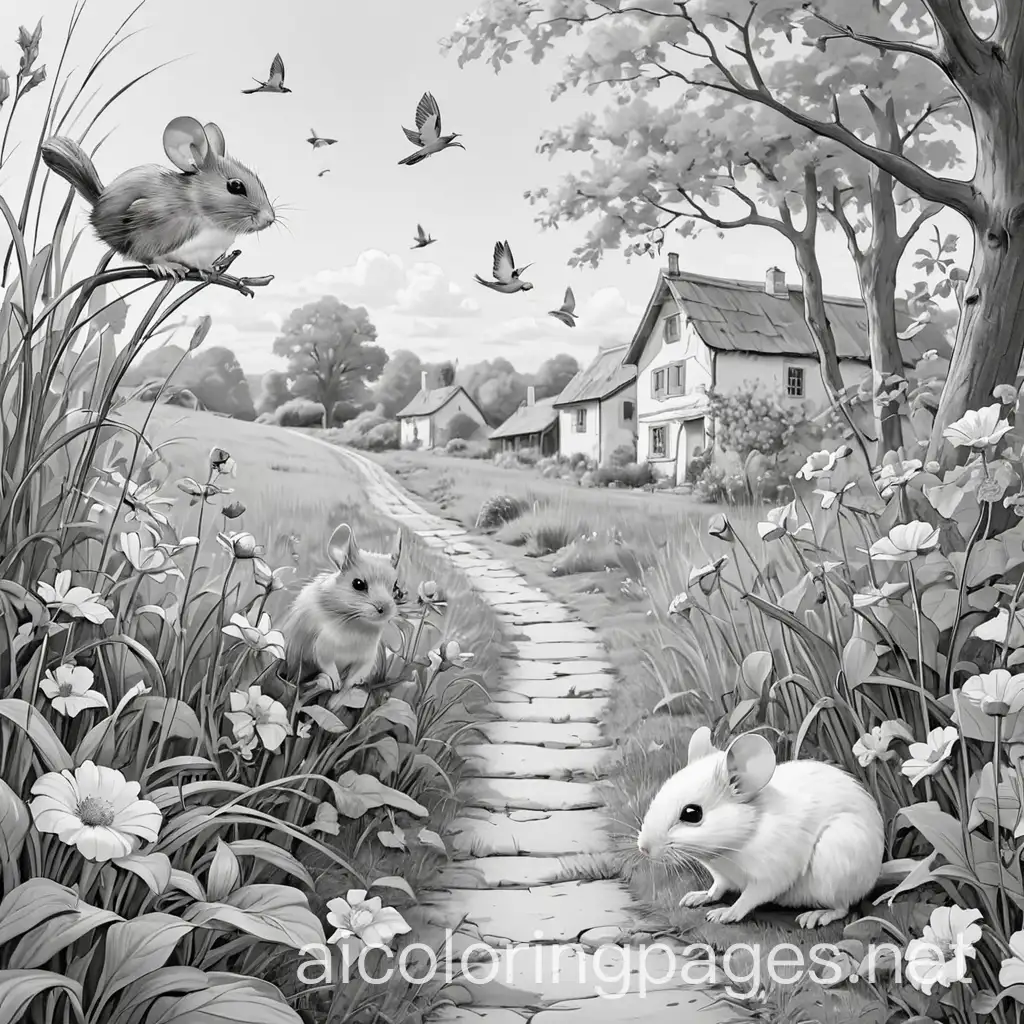 Countryside-Scene-with-Mice-and-Birds-Coloring-Page