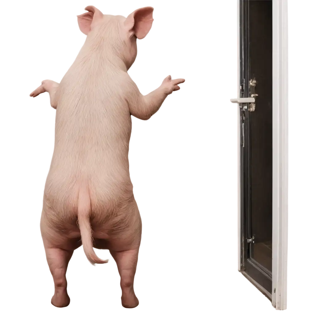 Rear-View-of-Pig-on-Hind-Legs-Knocking-on-Front-Door-PNG-Image-Perfect-for-Creative-Projects