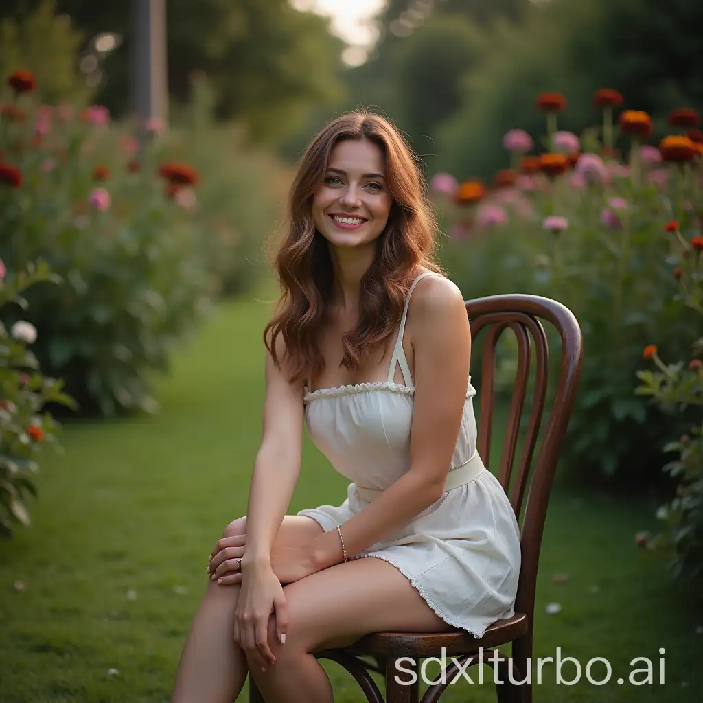 Beautiful woman sitting on a chair in the middle of the garden