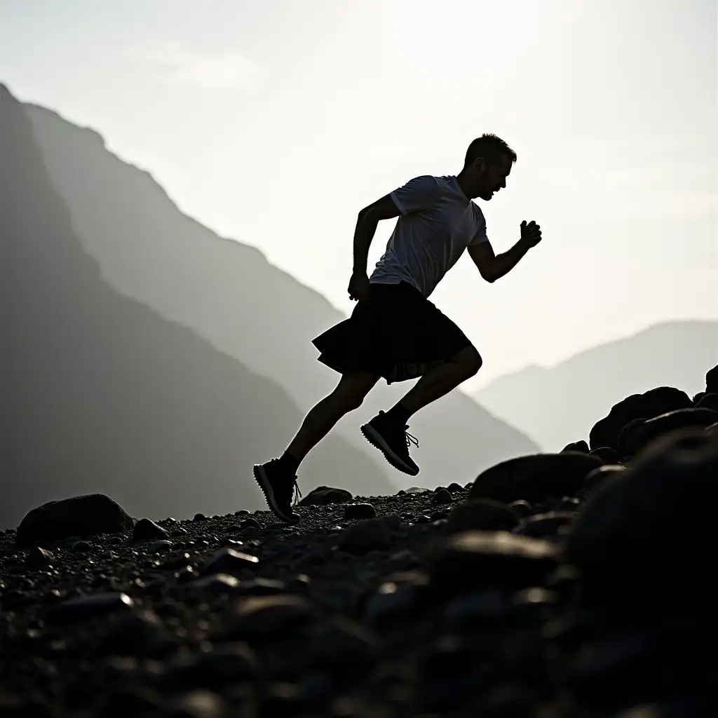 A silhouette of a kilted man running over rocks and gravel trying to get up Ben Nevis