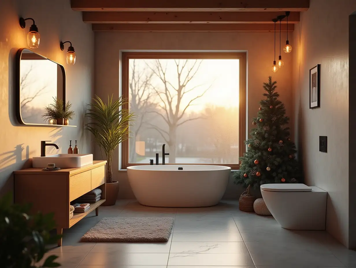 Modern-Minimalist-Bathroom-with-Cozy-Christmas-Decorations-and-Vintage-Lighting