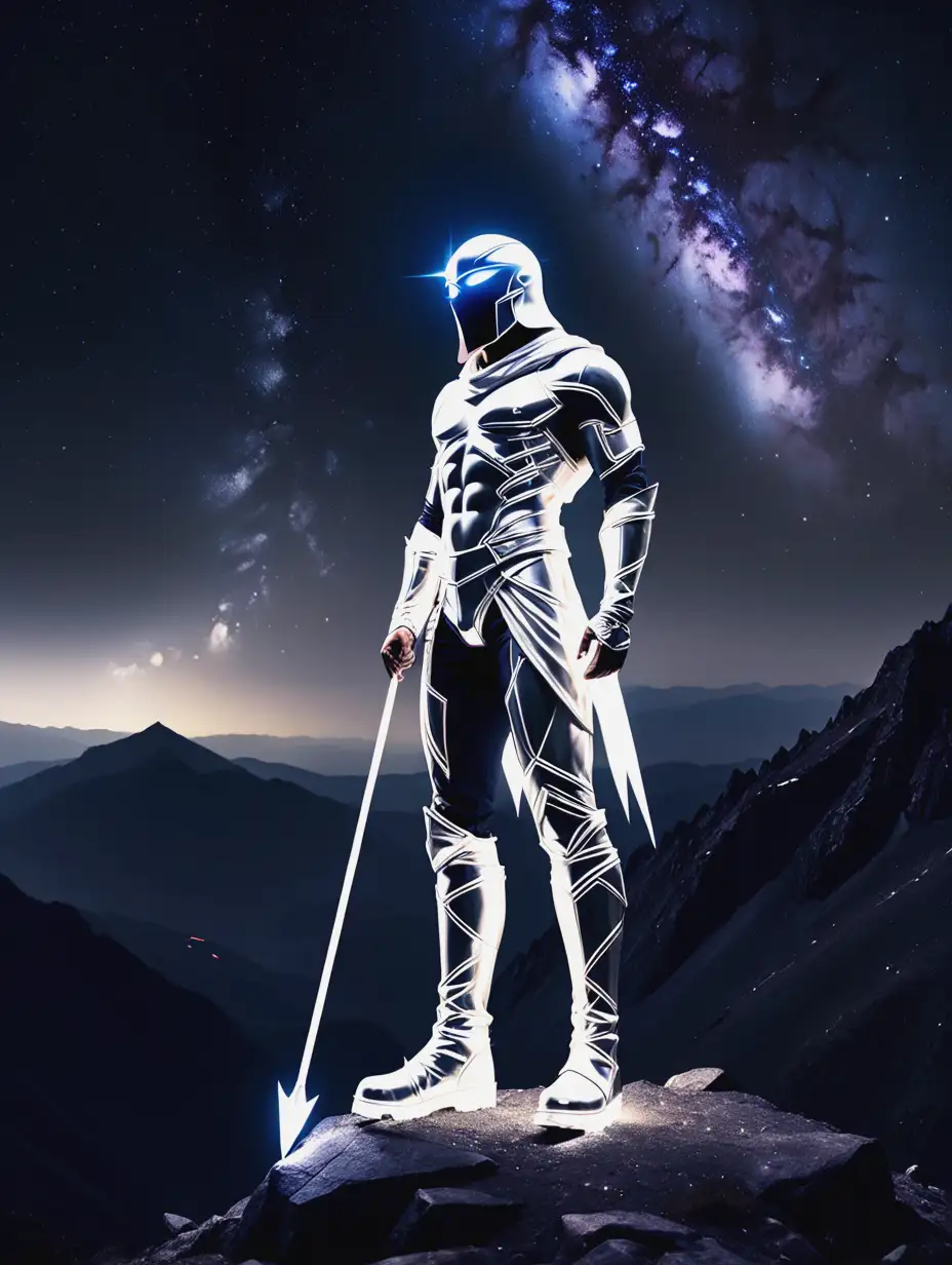 light in the shape of a man, with white spear light boots, on top of a mountain with a black galaxy in the background