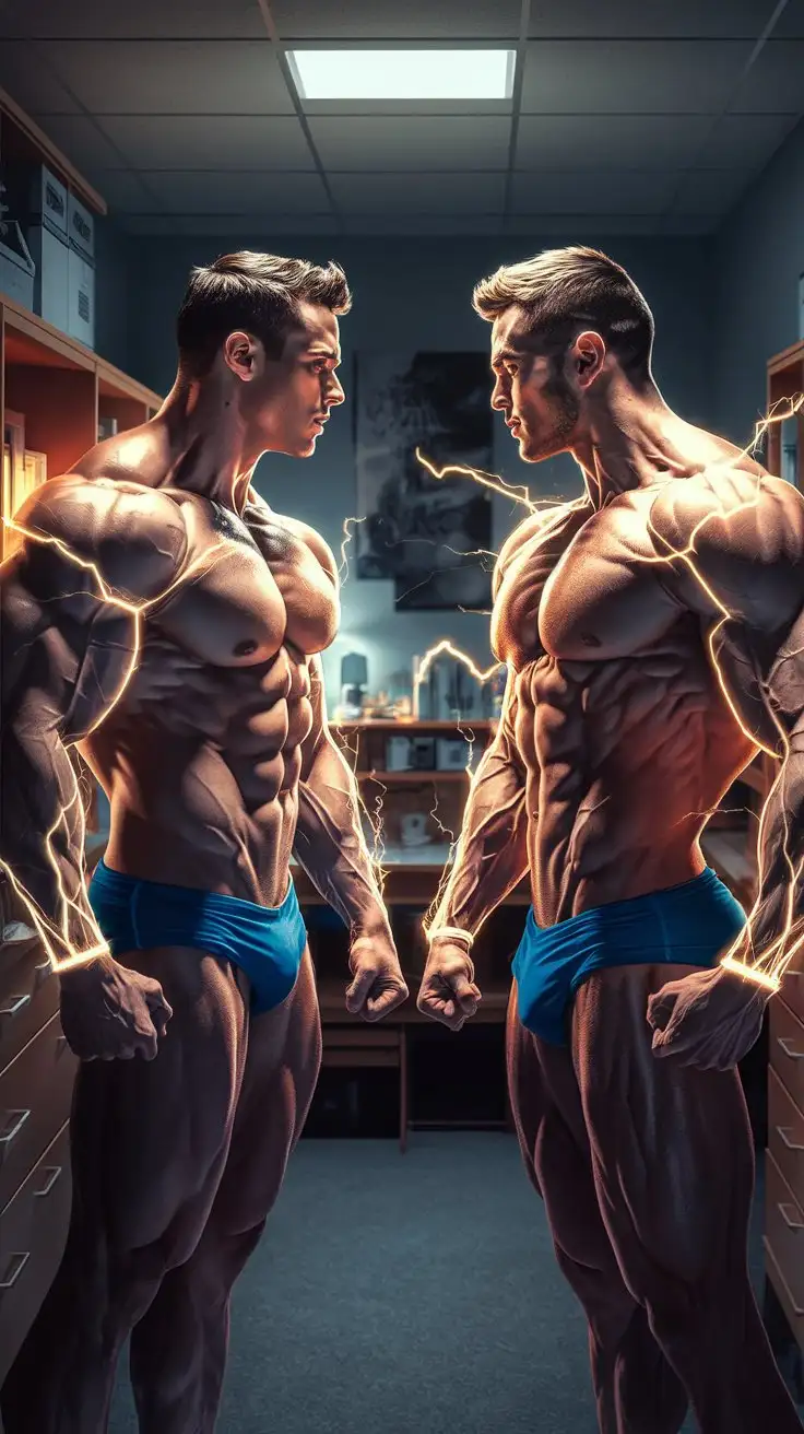 In a dorm room at night. Two hugely ripped 27-year-old musclegods with awesome superpowers stand reverently face to face. Luminous golden energy and electricity course within their muscles and between their bodies. They are both overwhelmed with ecstasy. Photorealistic.