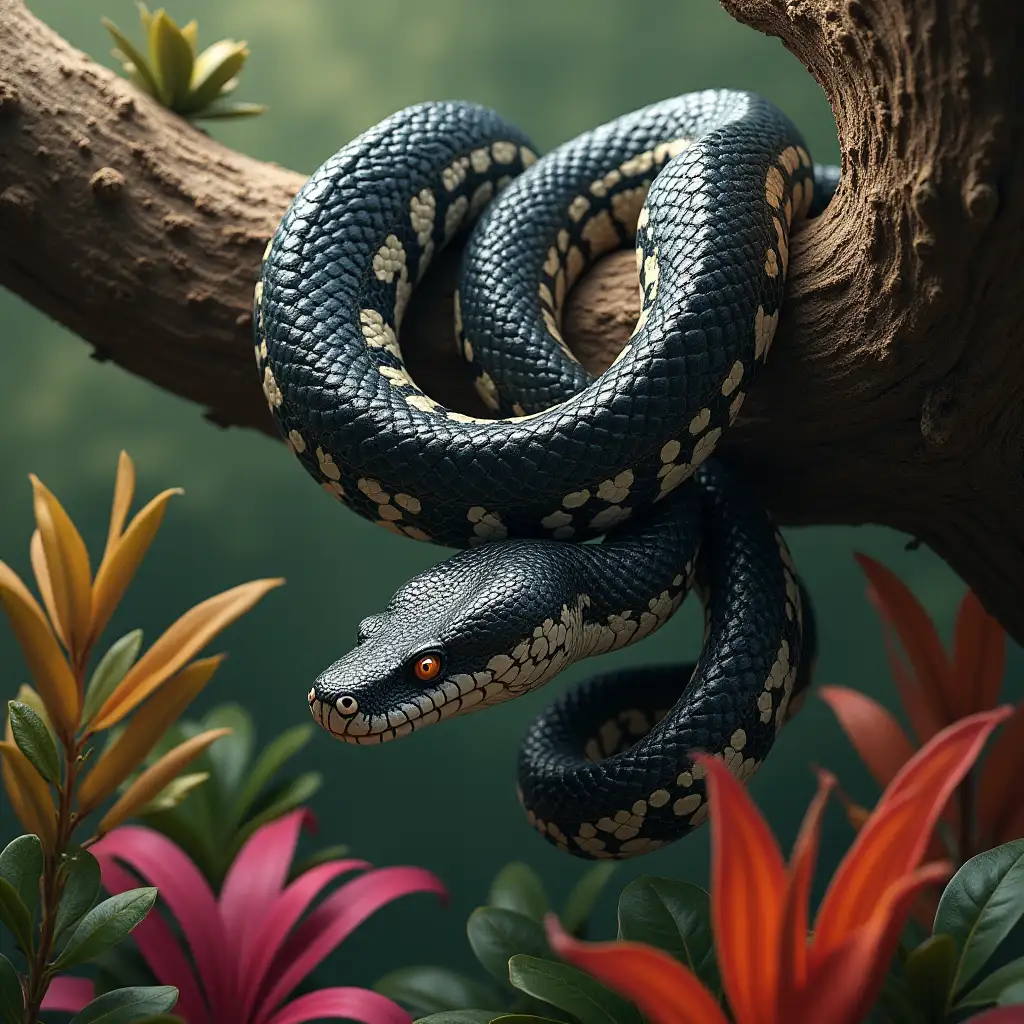 Ultra-detailed hyperrealistic portrait of a black and white patterned phyton snake hanging from a thick tree branch above intricately detailed, colorful plants in the background with various colored plants as the backdrop