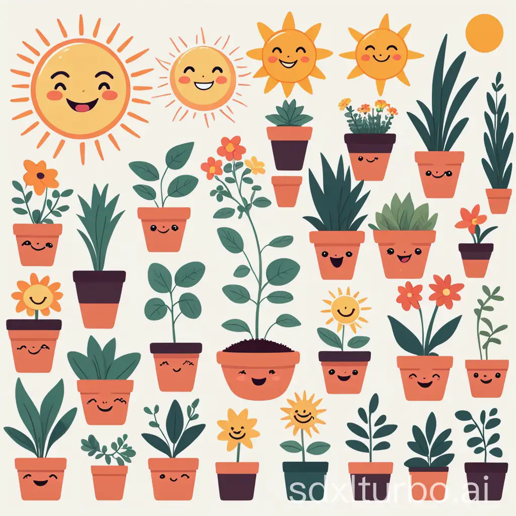 Cute-CartoonStyle-Plant-Illustrations-with-Smiling-Flowers-Potted-Plants-and-the-Sun