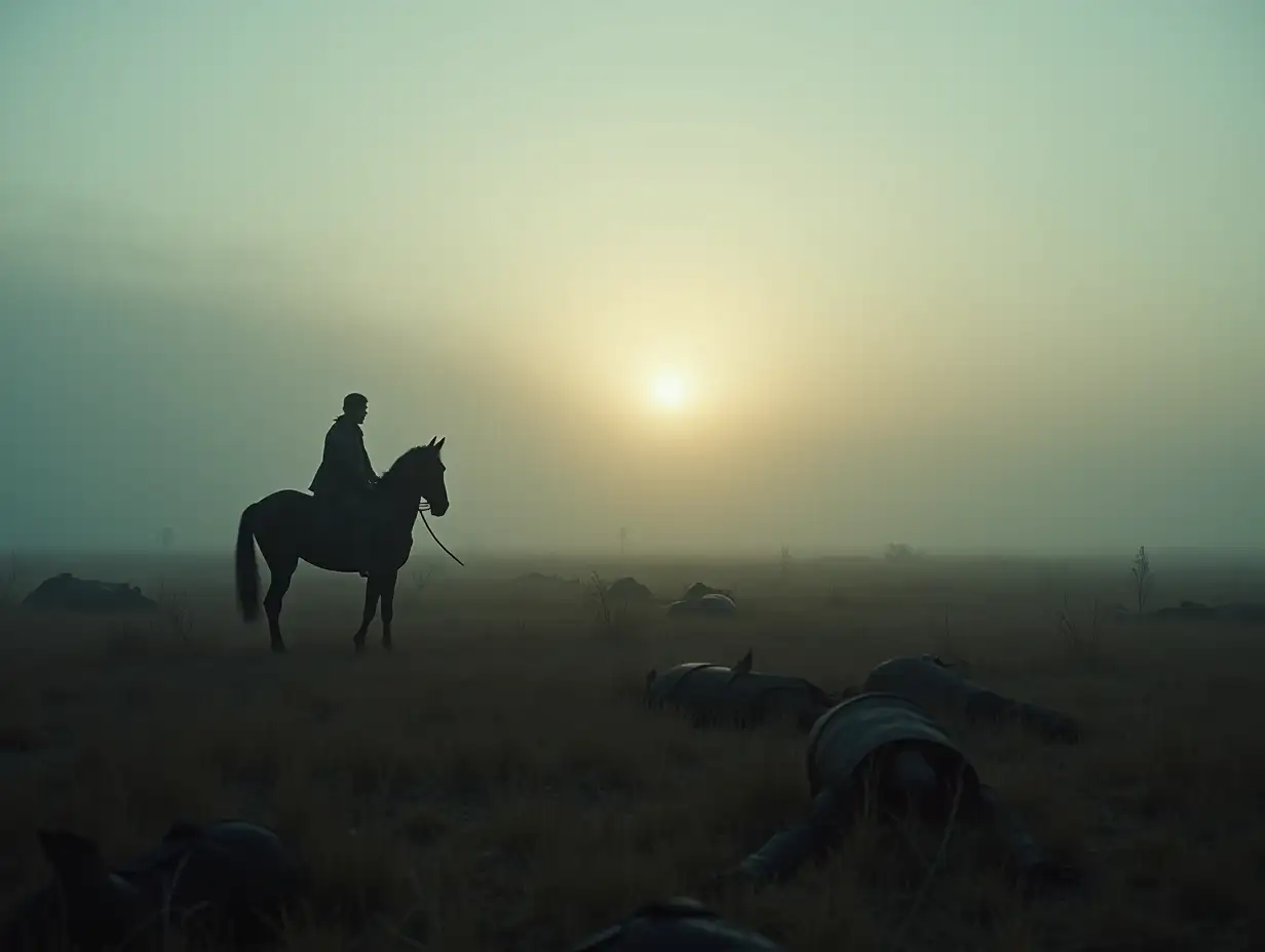 A deserted open medieval summer battlefield after a battle. The dead are lying on the field, a lonely, drooping warhorse is wandering. Evening twilight. Dense fog. Cinematic.