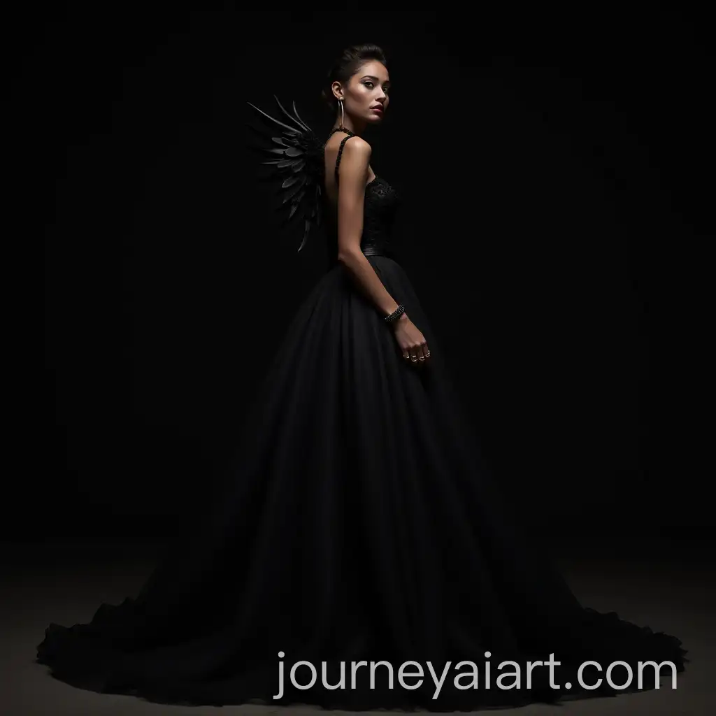 Black-Beauty-Model-in-ExtraLong-Tulle-Gown-with-Black-Wings-and-Gold-Rings