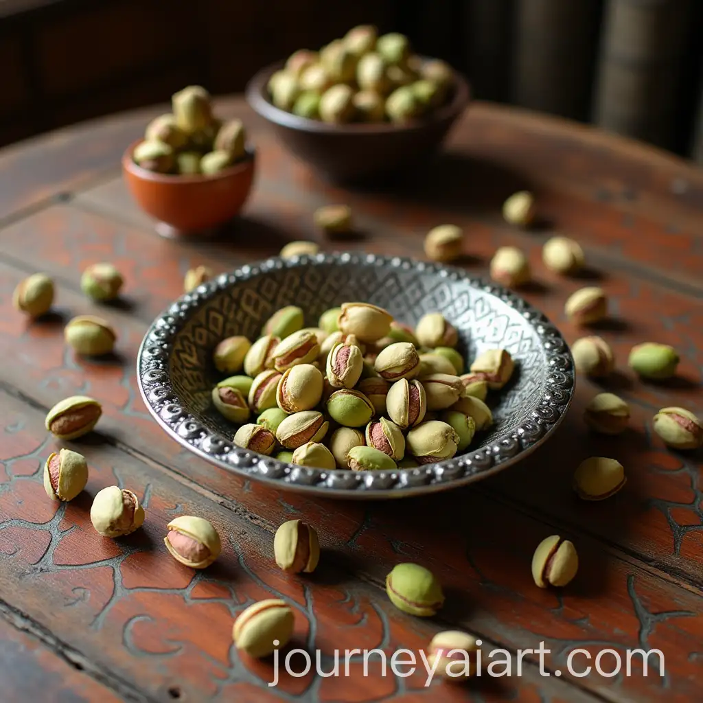 Traditional-Wooden-Table-with-Handmade-Iranian-Designs-and-Scattered-Pistachios