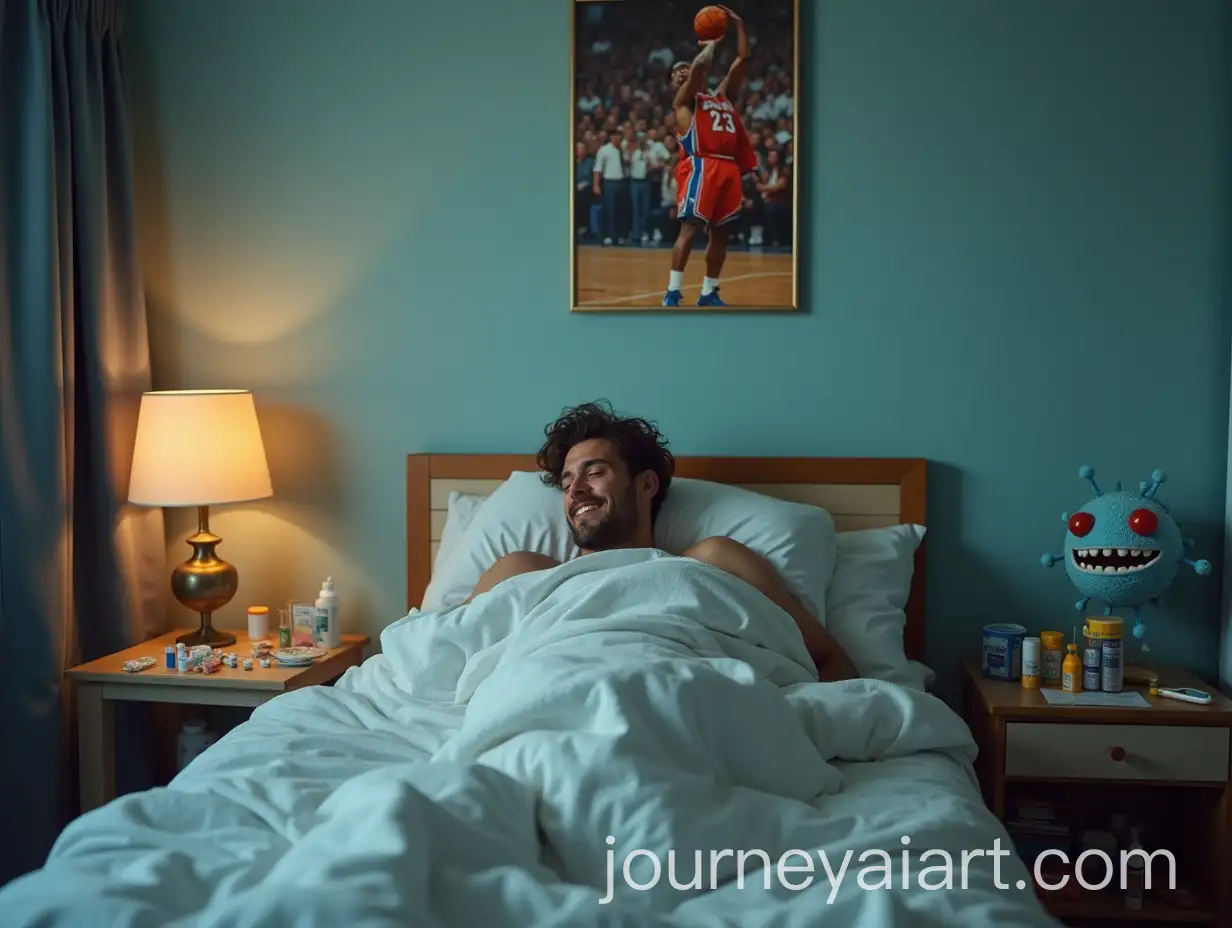 Man-in-Bed-with-Flu-Surrounded-by-Medications-and-a-Sneering-Virus-Poster