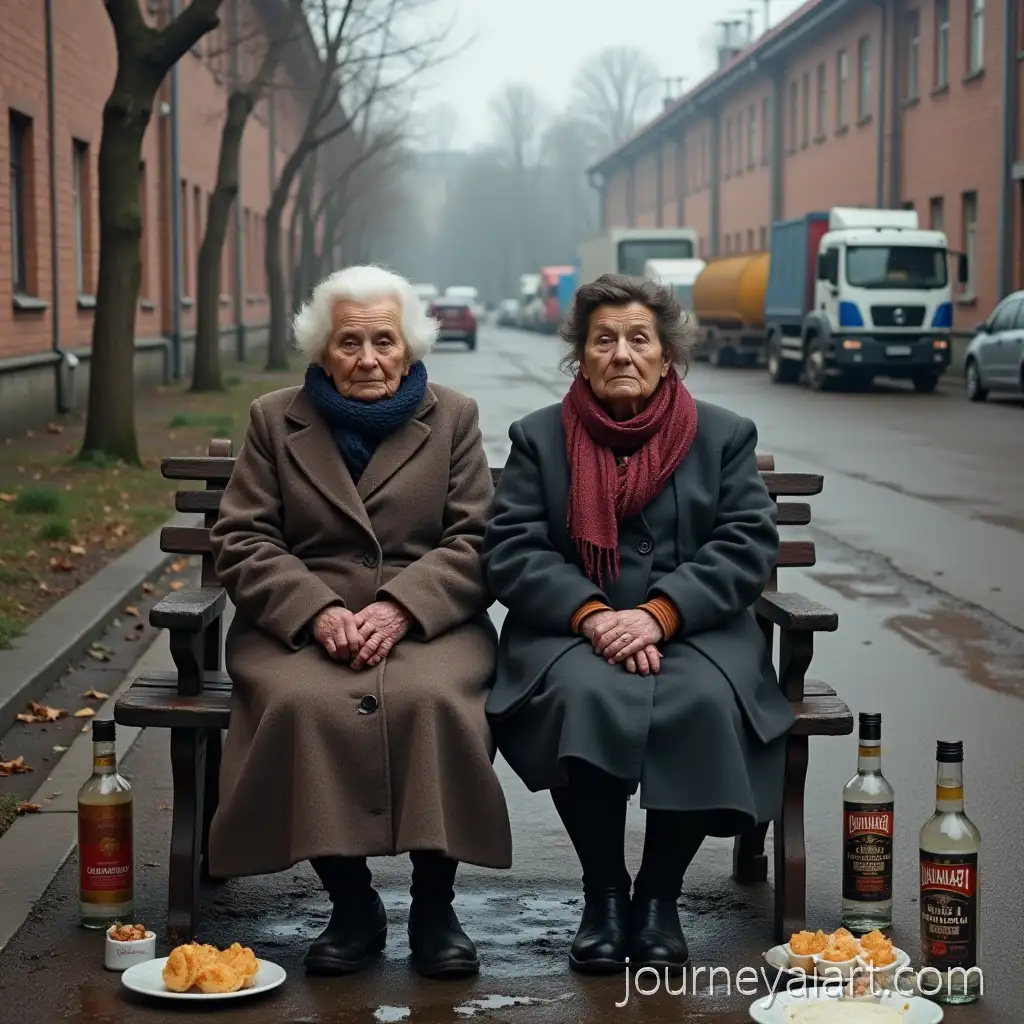Two-ElderElderly-Grandmothers-in-Courtyardly-Grandmothers-Sitting-on-a-Bench-in-a-Soviet-Courtyard-with-Feast-Remnants