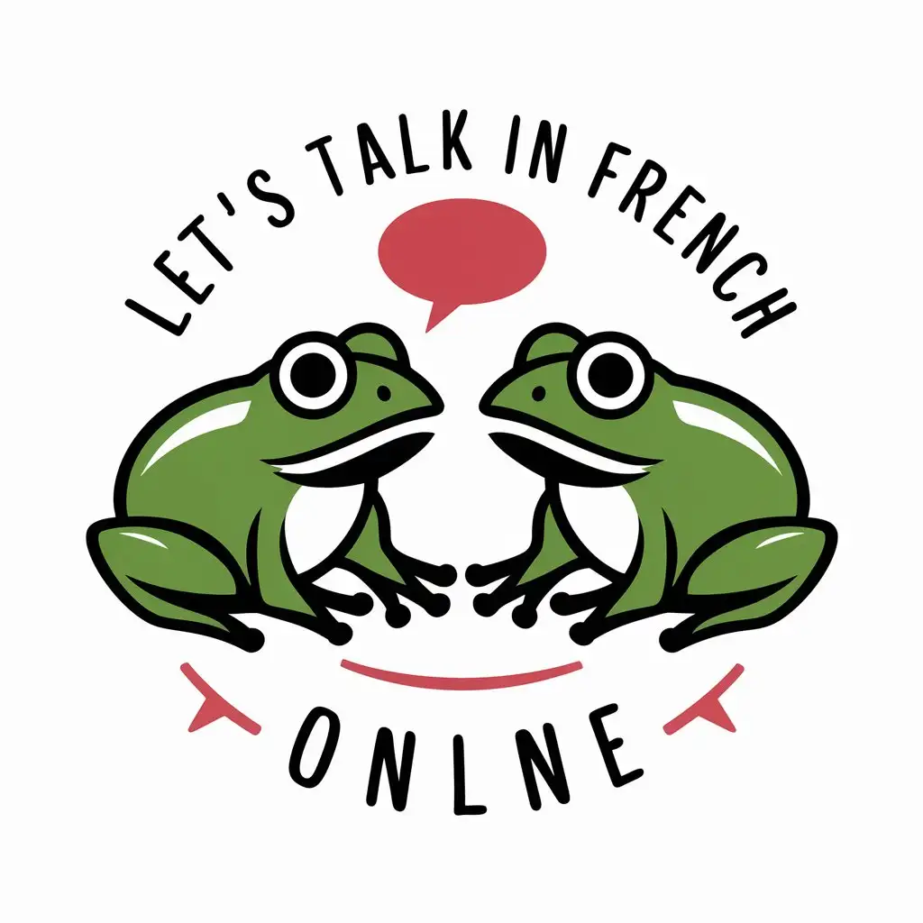 a vector logo design,with the text "Let's talk in French Online", main symbol:2 speaking frogs,complex,clear background