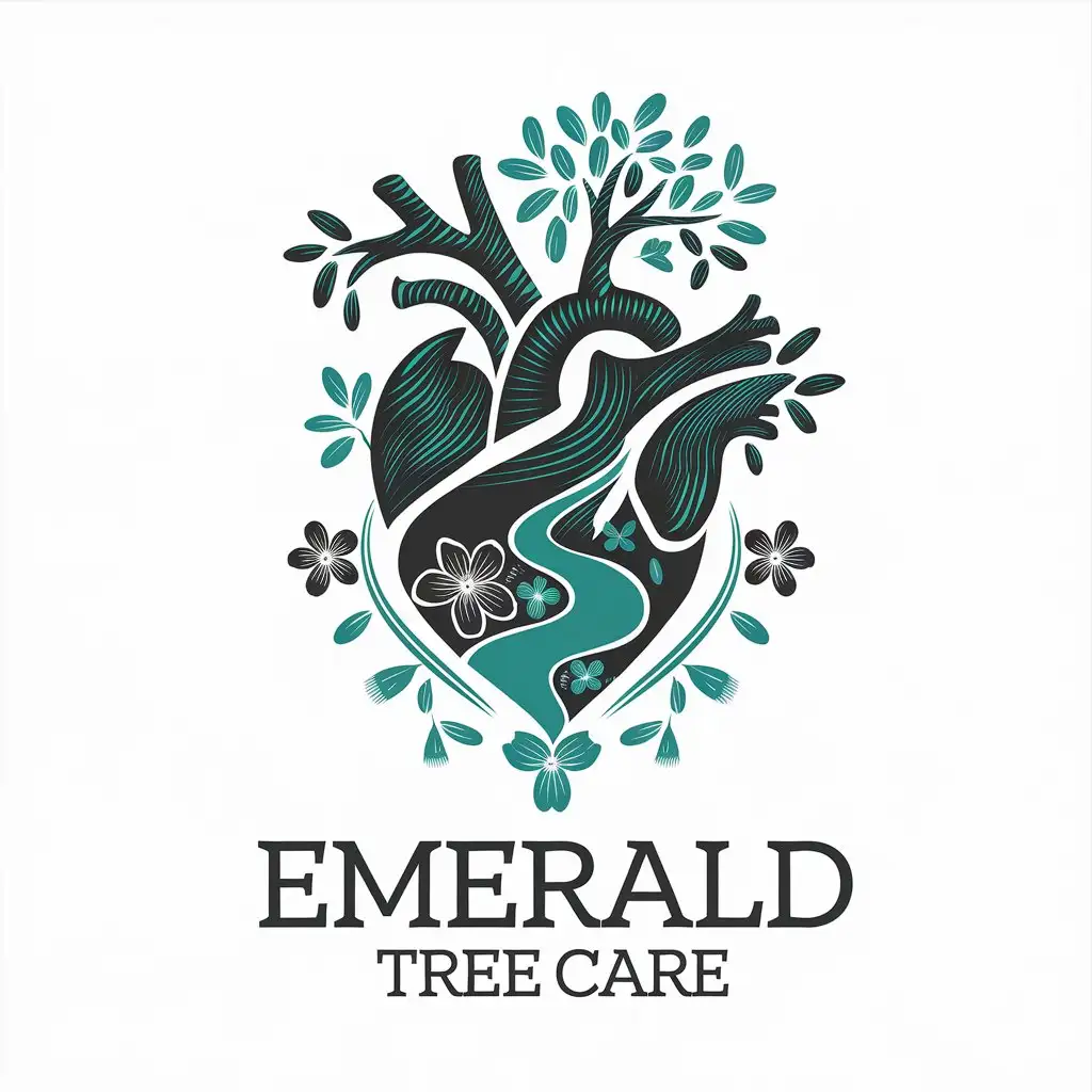 LOGO Design for Emerald Tree Care HeartTree Symbol with Flowers and River in Emerald and Turquoise