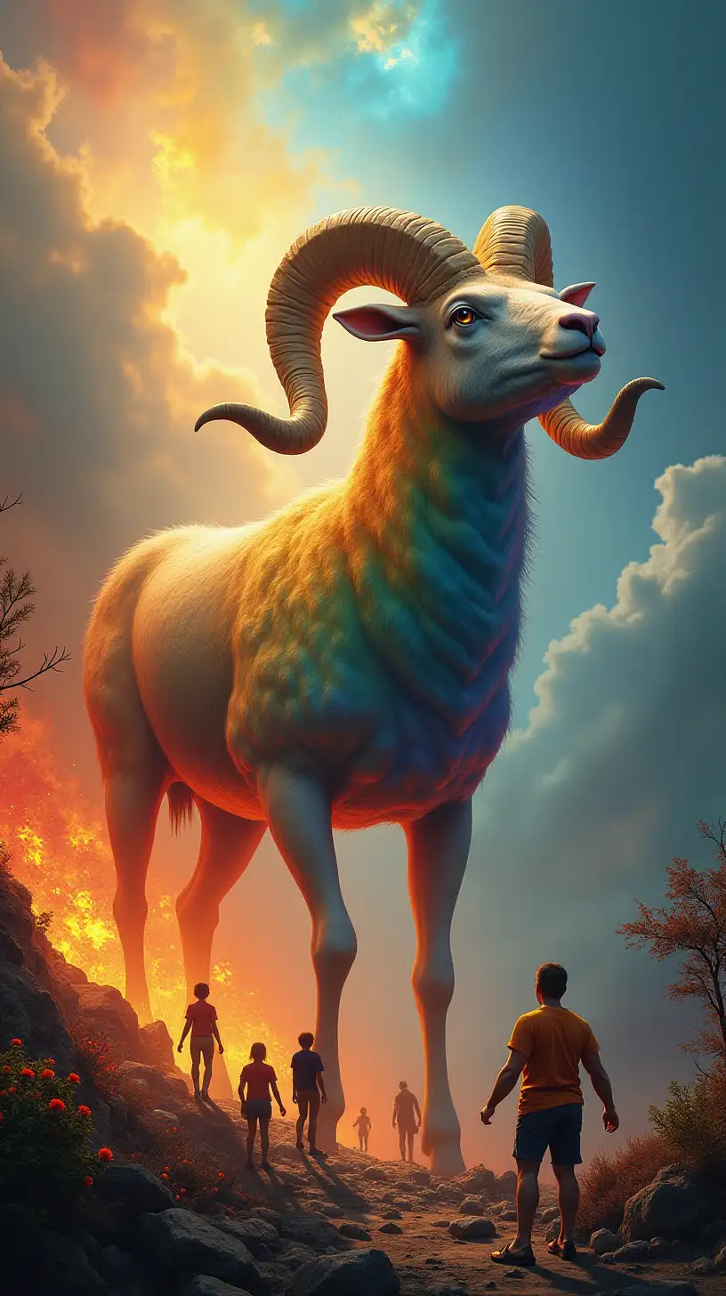 Rainbow Ram Overseeing the Divide Between Heaven and Hell