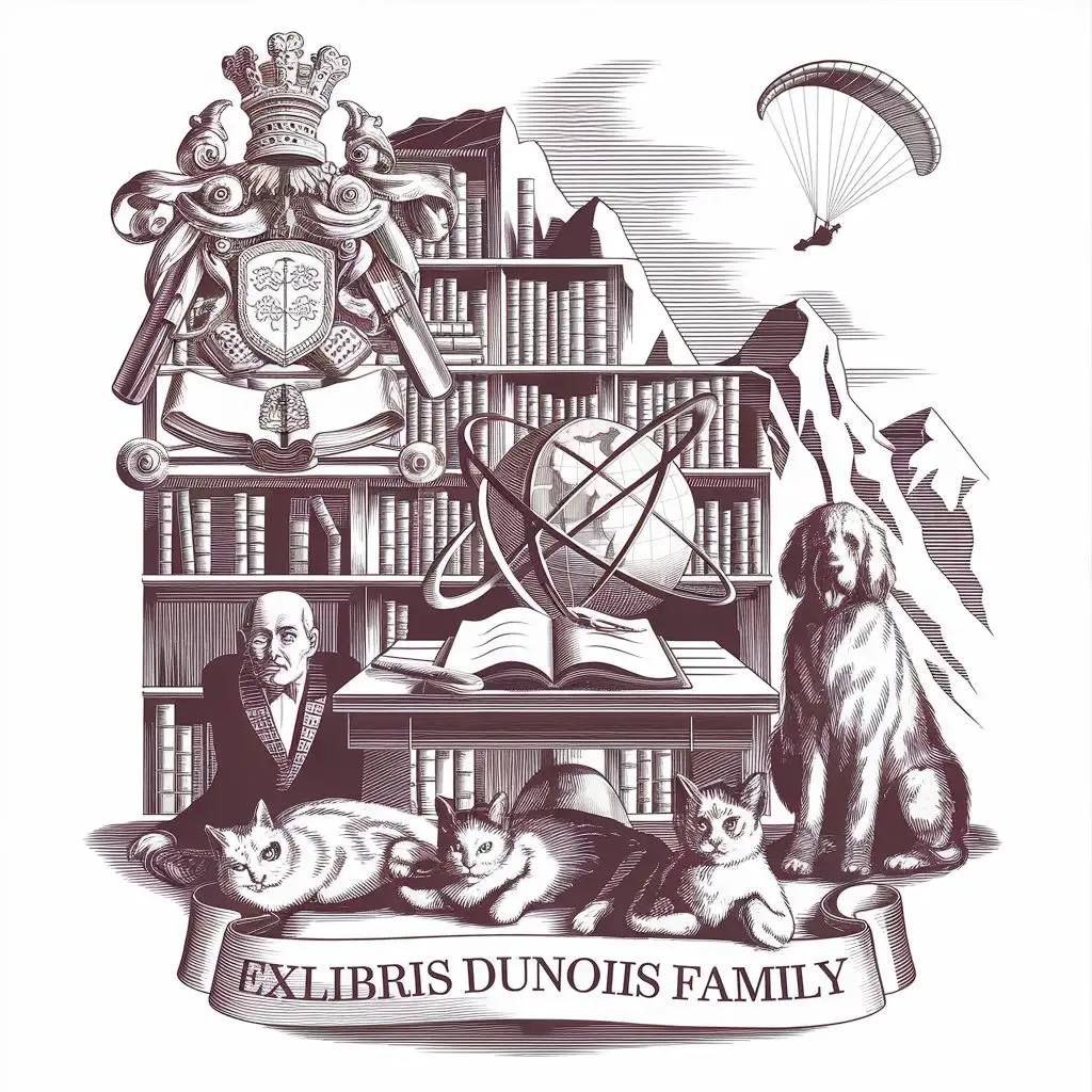 Logo-Design-for-Exlibris-Dunois-Family-Engraved-Style-with-Books-Cats-and-Paraglider