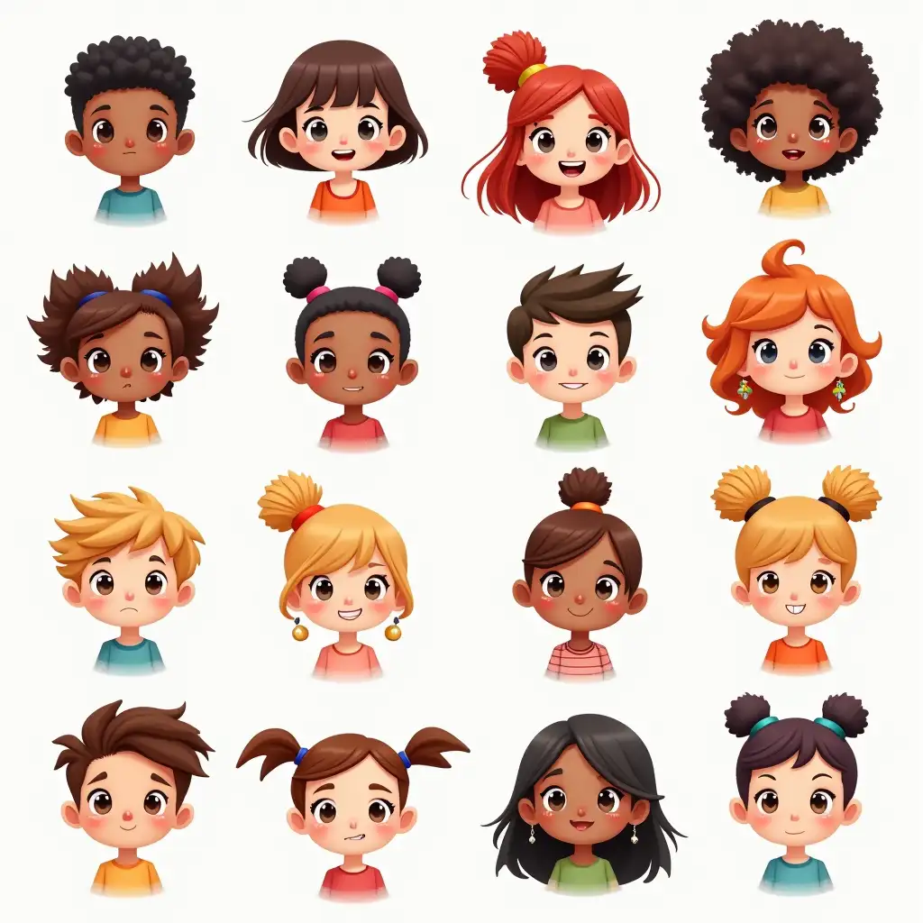 The layout with lots of different pictures of boys and girls of different ethnicity and skin colors. Doodle-like childish anime style.