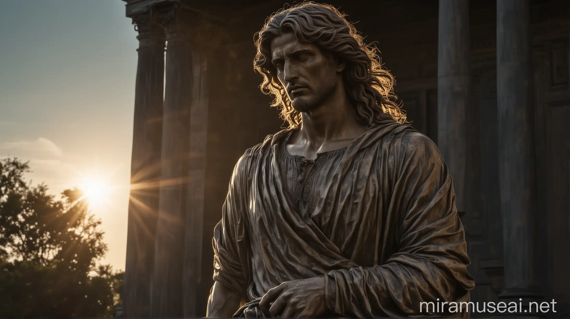 Stoic Male Statue with Long Hair in Dark Background with Sun Reflection