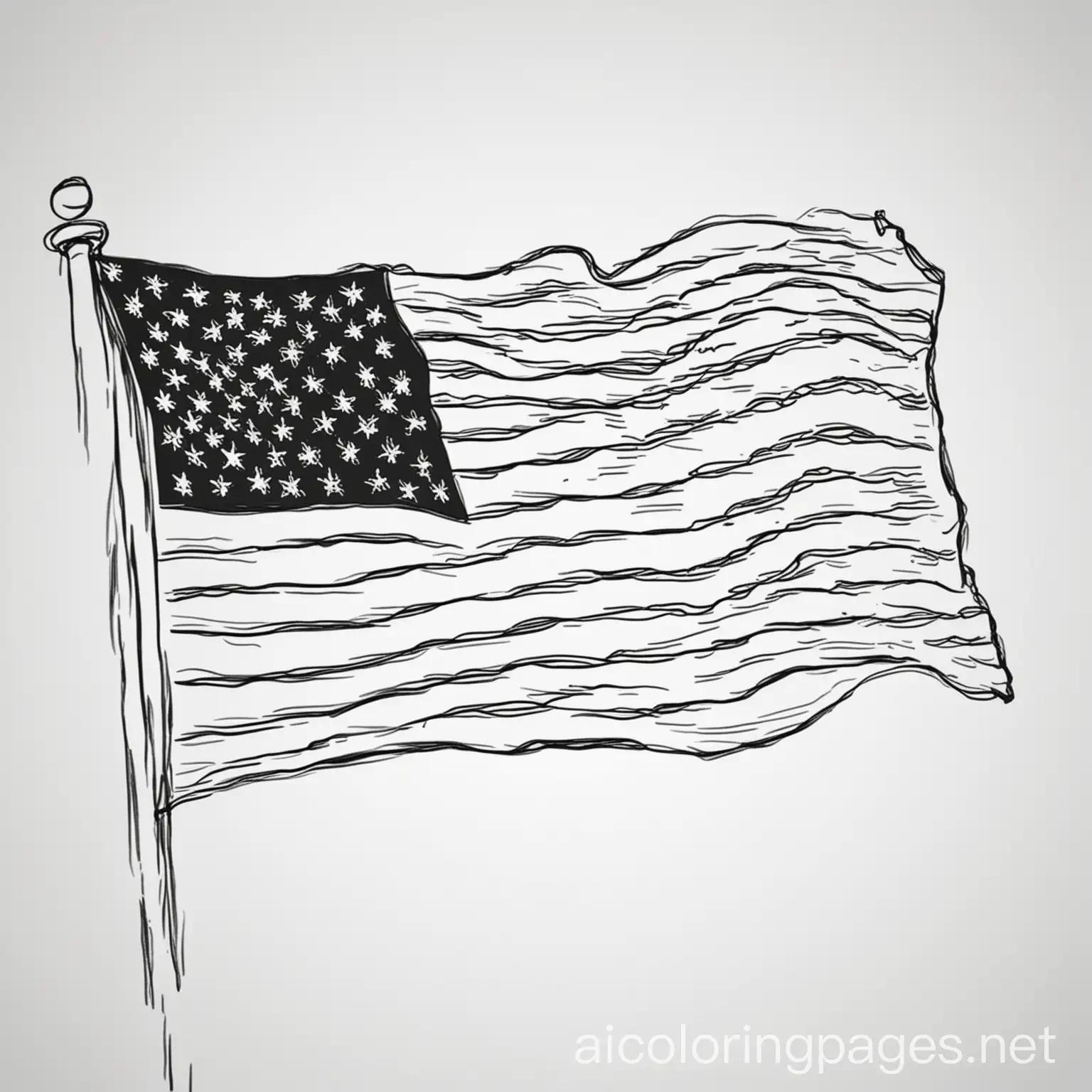 American flag, Coloring Page, black and white, line art, white background, Simplicity, Ample White Space. The background of the coloring page is plain white to make it easy for young children to color within the lines. The outlines of all the subjects are easy to distinguish, making it simple for kids to color without too much difficulty