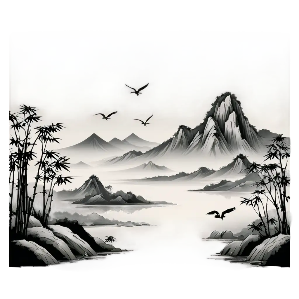 Gray-Chinese-Landscape-PNG-with-Mountains-Cranes-and-Bamboo