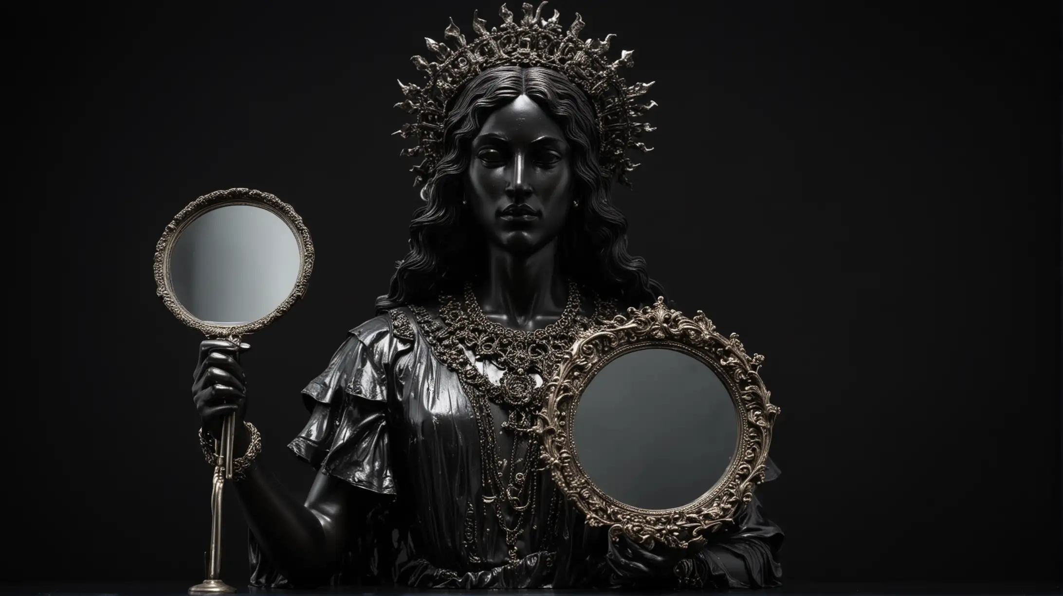 Statuette of Beauty God in Rich Clothes Holding Mirror