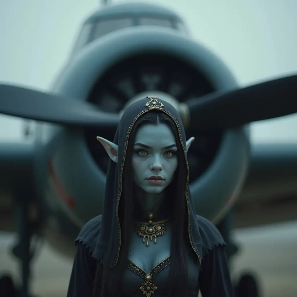 a dark elf girl with gray-blue skin in a costume in front of a large propeller aircraft