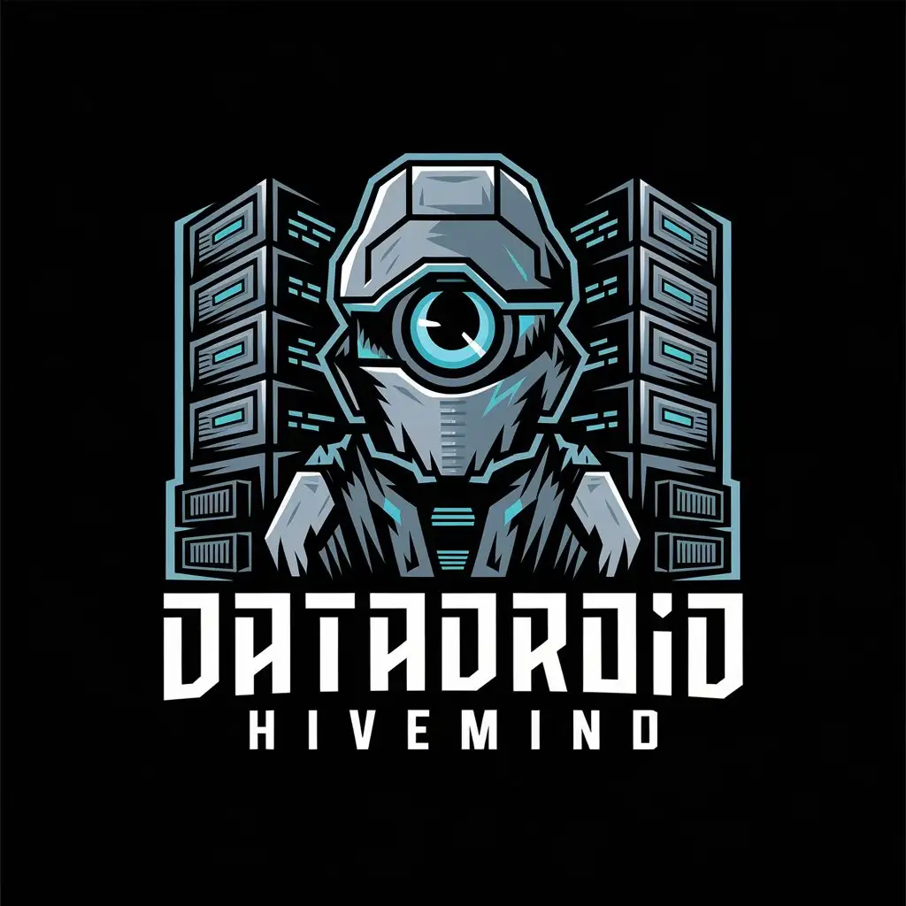 LOGO Design for DATADROID HIVEMIND Industrial Cyberpunk Cyclops with Glowing Blue Eye