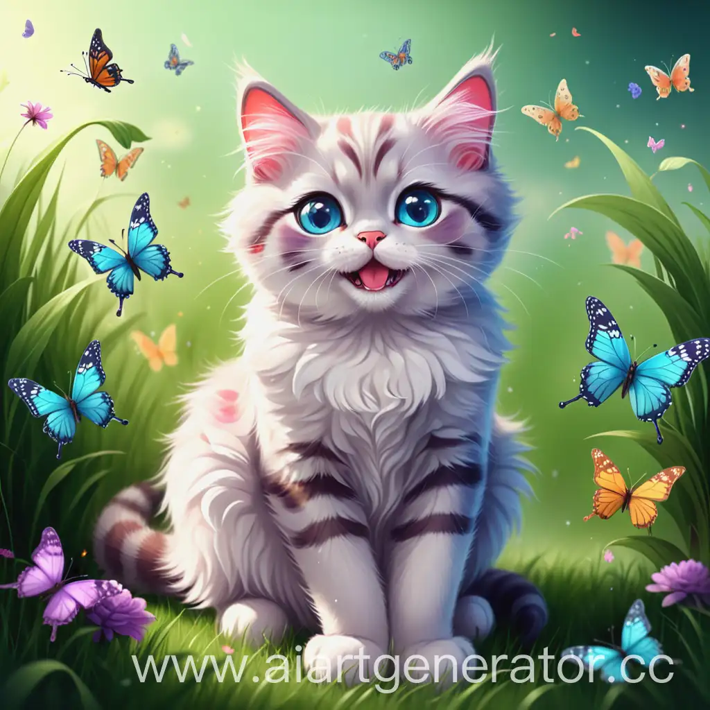 Cute-Cat-Sitting-on-Grass-Surrounded-by-Butterflies