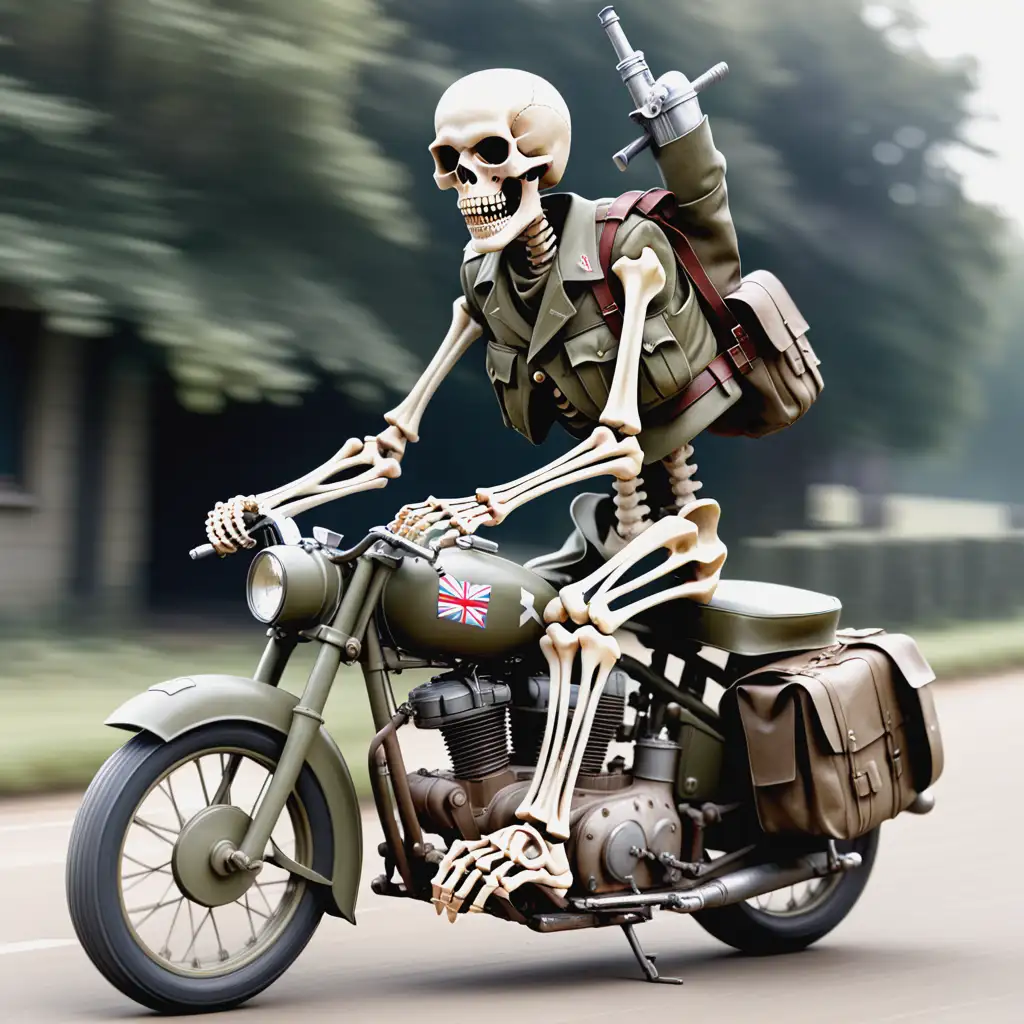 Skeleton Riding a Motorbike in WWII British Soldier Uniform