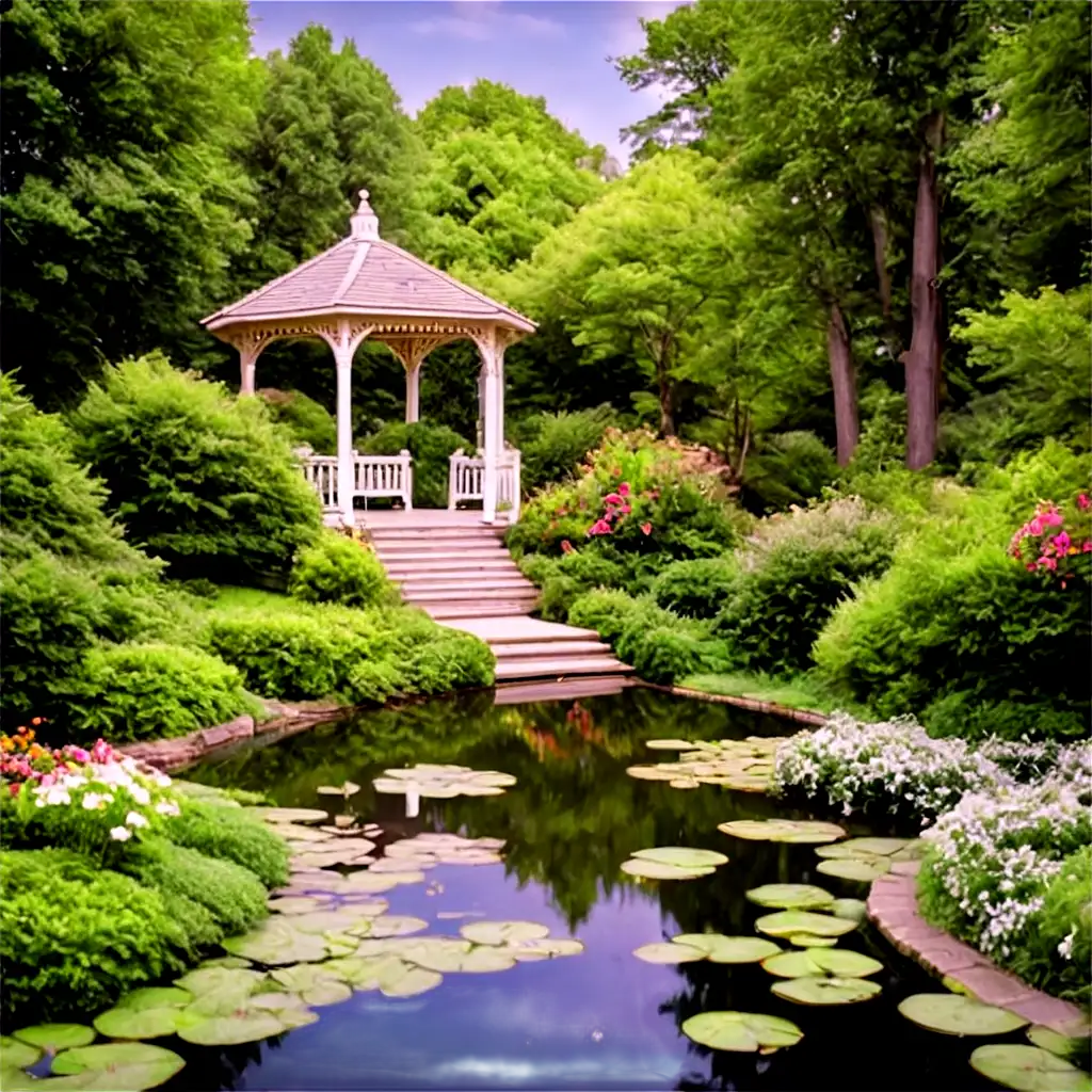 Hidden Garden Oasis: A cozy, secluded garden scene with a charming gazebo or swing nestled among flowering plants and tall, green hedges. Include elements like a small pond with lily pads, a wooden bench, and perhaps a gentle mist for an air of mystery.