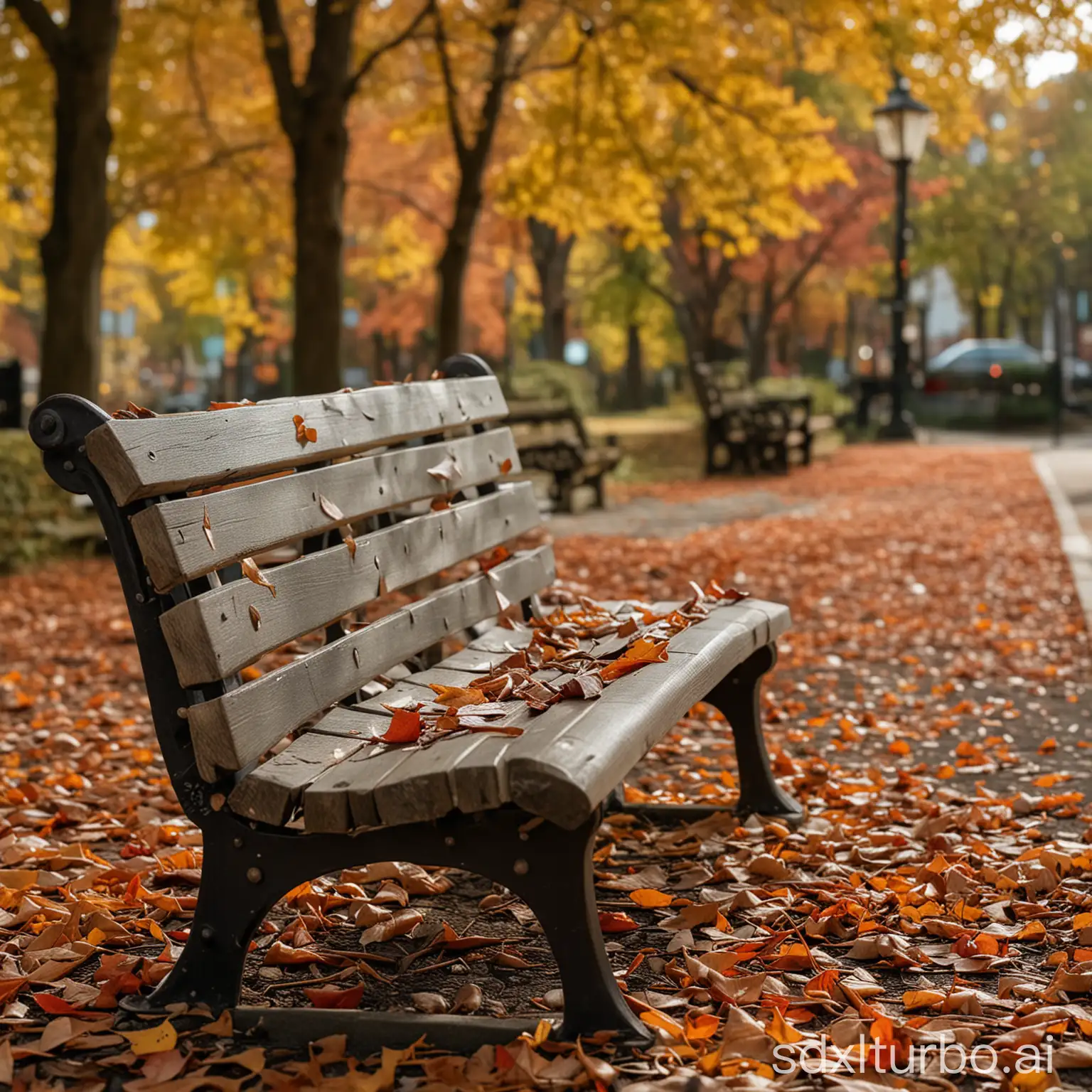 Photograph of a park bench, Fujifilm GFX 100, 100mm macro lens, natural light, autumn leaves around, focus on bench and seasonal colors, hyperrealistic and warm, --ar 1:1