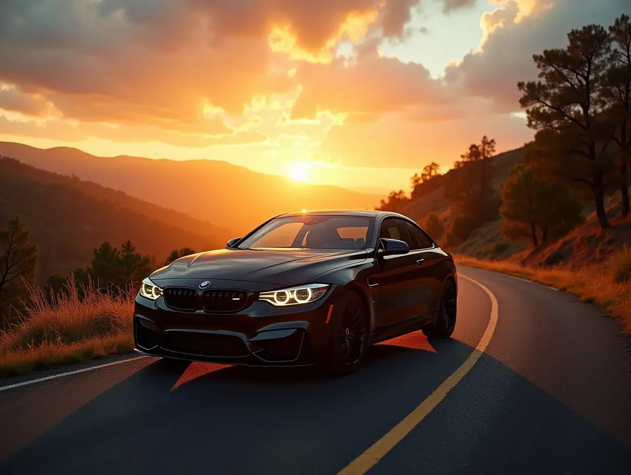 Black car on a scenic road. Car on the road surrounded by a magnificent natural landscape in the rays of sunset or dawn.