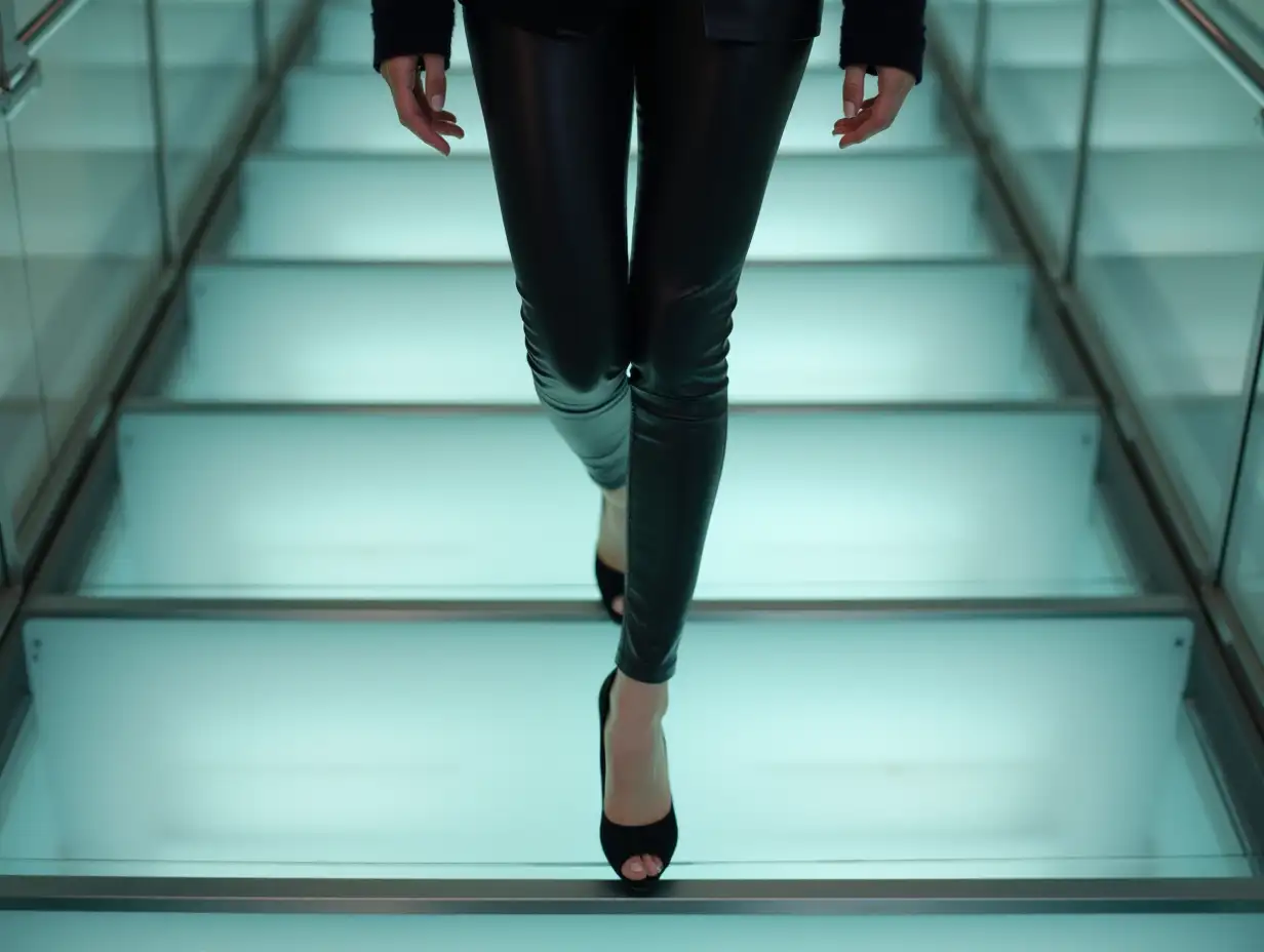 Woman-in-Black-High-Heels-Walking-on-a-Glass-Floor-Above-Camera