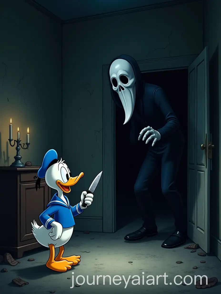 Donald-Duck-Confronted-by-Ghostface-in-a-Dark-Eerie-Room