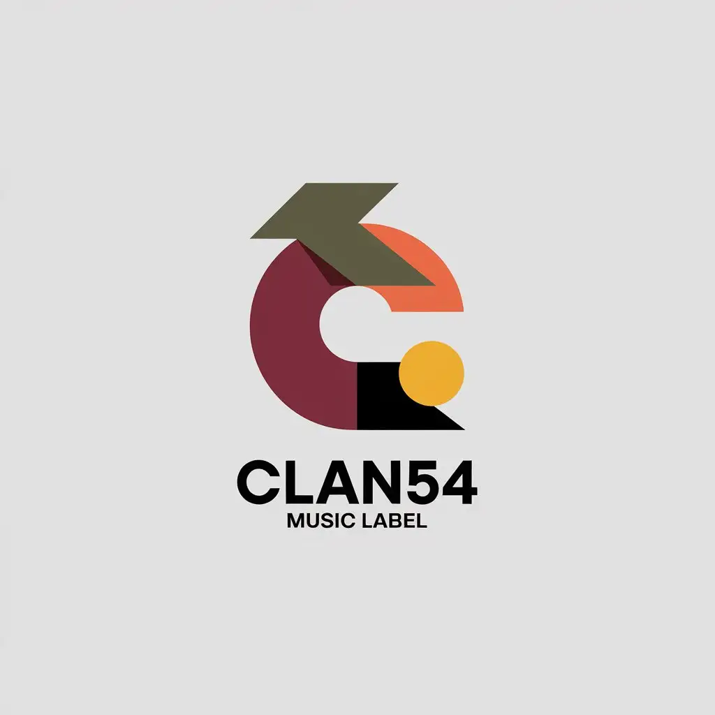 LOGO Design for CLAN54 Vibrant Music Label Emblem with Burgundy Khaki and Pops of Orange