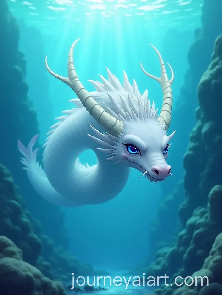 Mythical-Underwater-City-Majestic-White-Chinese-Dragon-Swimming-Underwater
