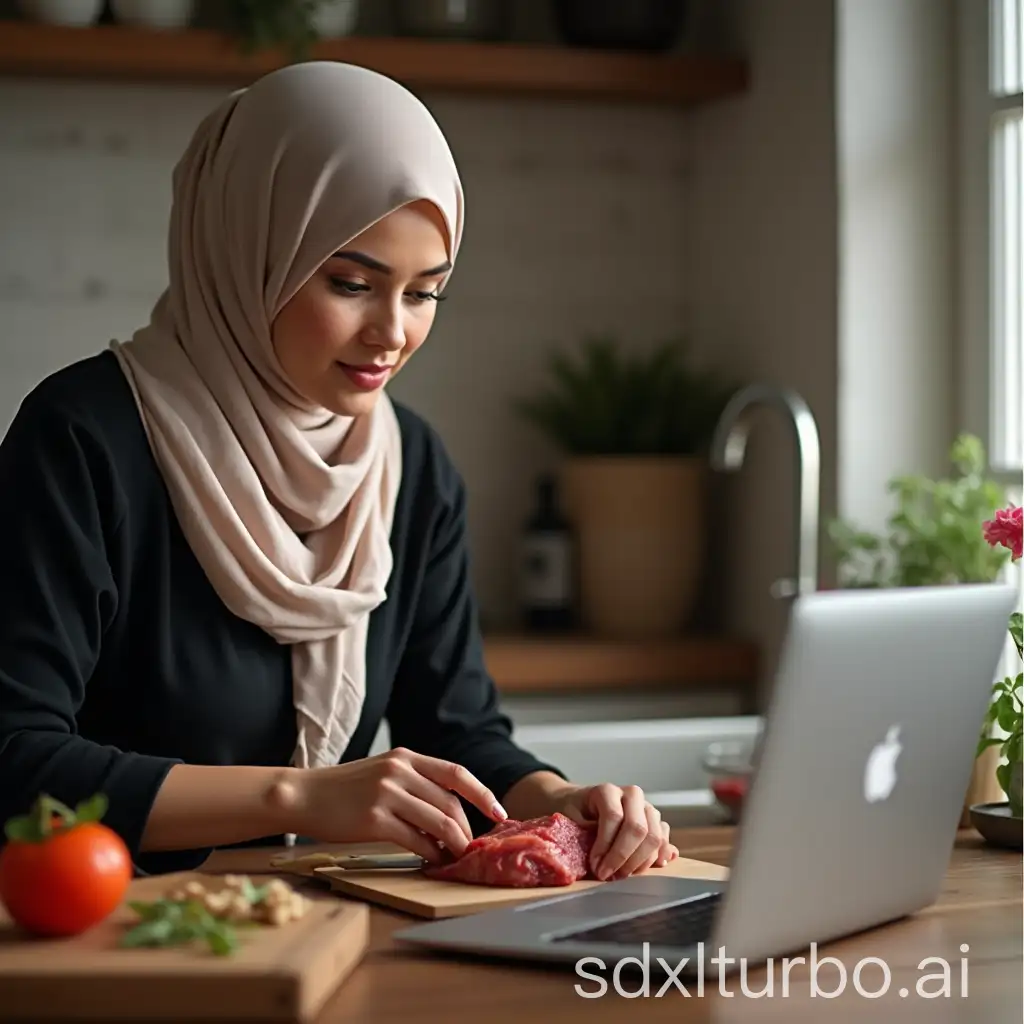 Muslim-Woman-Cutting-Meat-Beside-Apple-Laptop-with-Focused-Expression