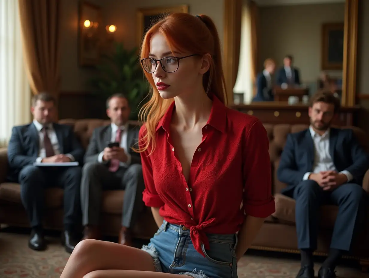 Pretty student parliamentary assistant of 18 years old. In the office of a deputy. Venetian red hair in ponytail. Red lace open-buttoned shirt, rolled-up sleeves. Wide shot. Full body. Mini skirt in jeans raised. Hands behind her back. Shirt tied at the bottom. Round glasses. Looks at files with a male deputy. Timid look. Sitting on the floor. Red lipstick. Cozy atmosphere. Big mirror behind the sofa. Ghost man reflected in the mirror spying on her. Two male deputies on the couch observing her.