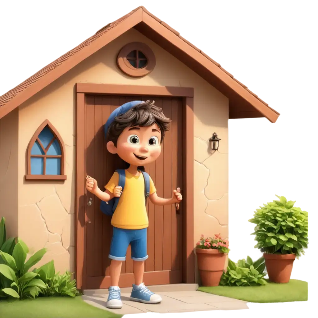 a house and the front of door a boy kid knock the door in cartoon art full colourful background image