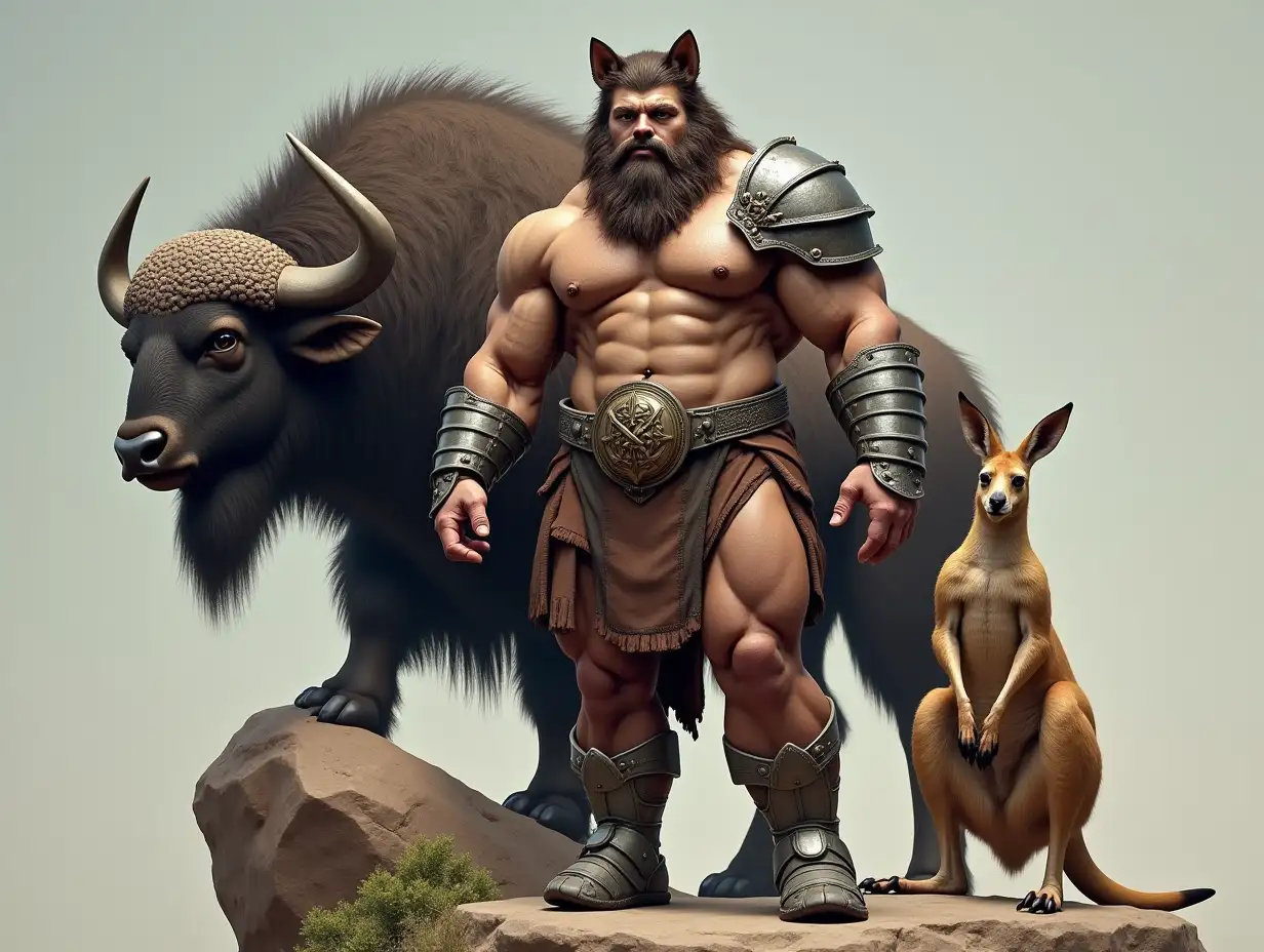 A very detailed photo. A full body representation of an Animal-Hybrid bodybuilder with armor and a buffalo and kangaroo on a rock