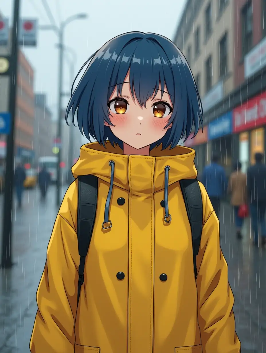 girl, pretty face, short blue hair, amber eyes, in yellow raincoat, rain, street,