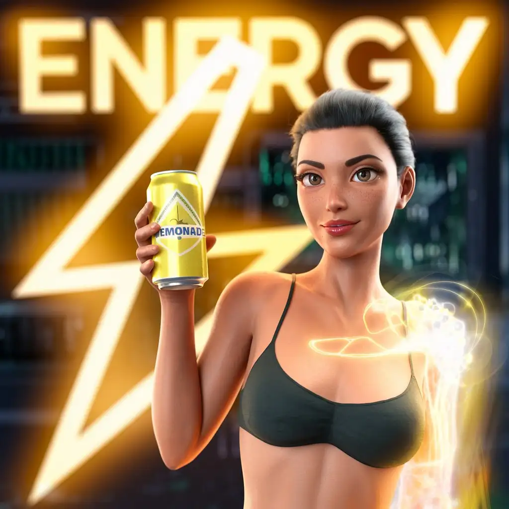 Confident-Woman-Holding-Lemonade-Bank-in-Front-of-Energy-Symbols-in-3D-Animation