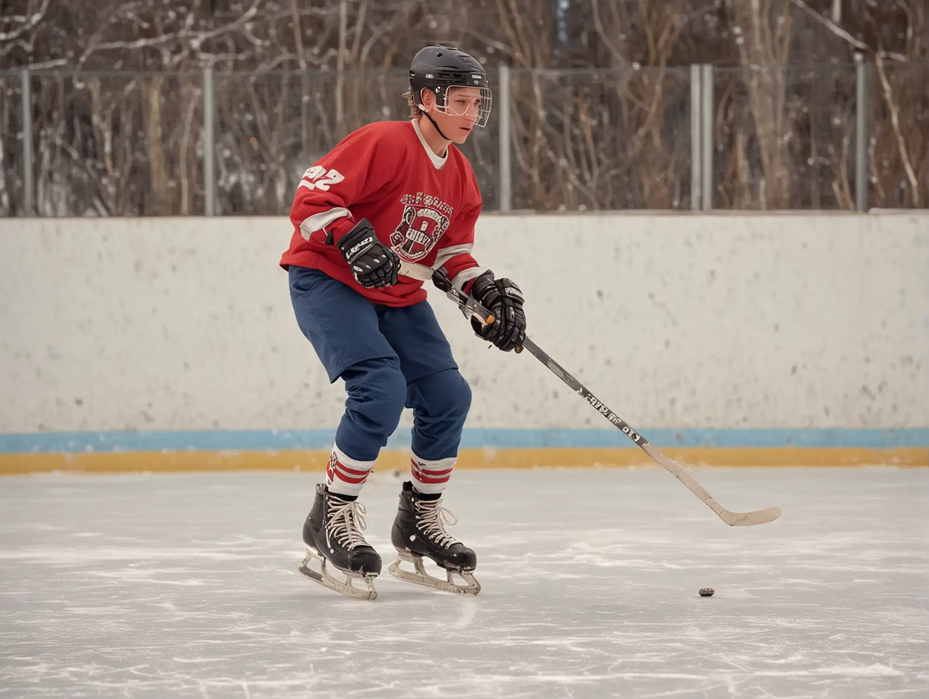 Male Teenager Skating and Playing Hockey in 1990s Style