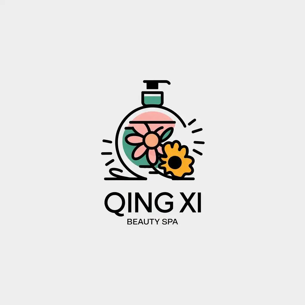 LOGO-Design-for-Qing-Xi-Minimalistic-Beauty-Spa-Logo-with-Cosmetics-Flowers-and-Sunflower-Theme