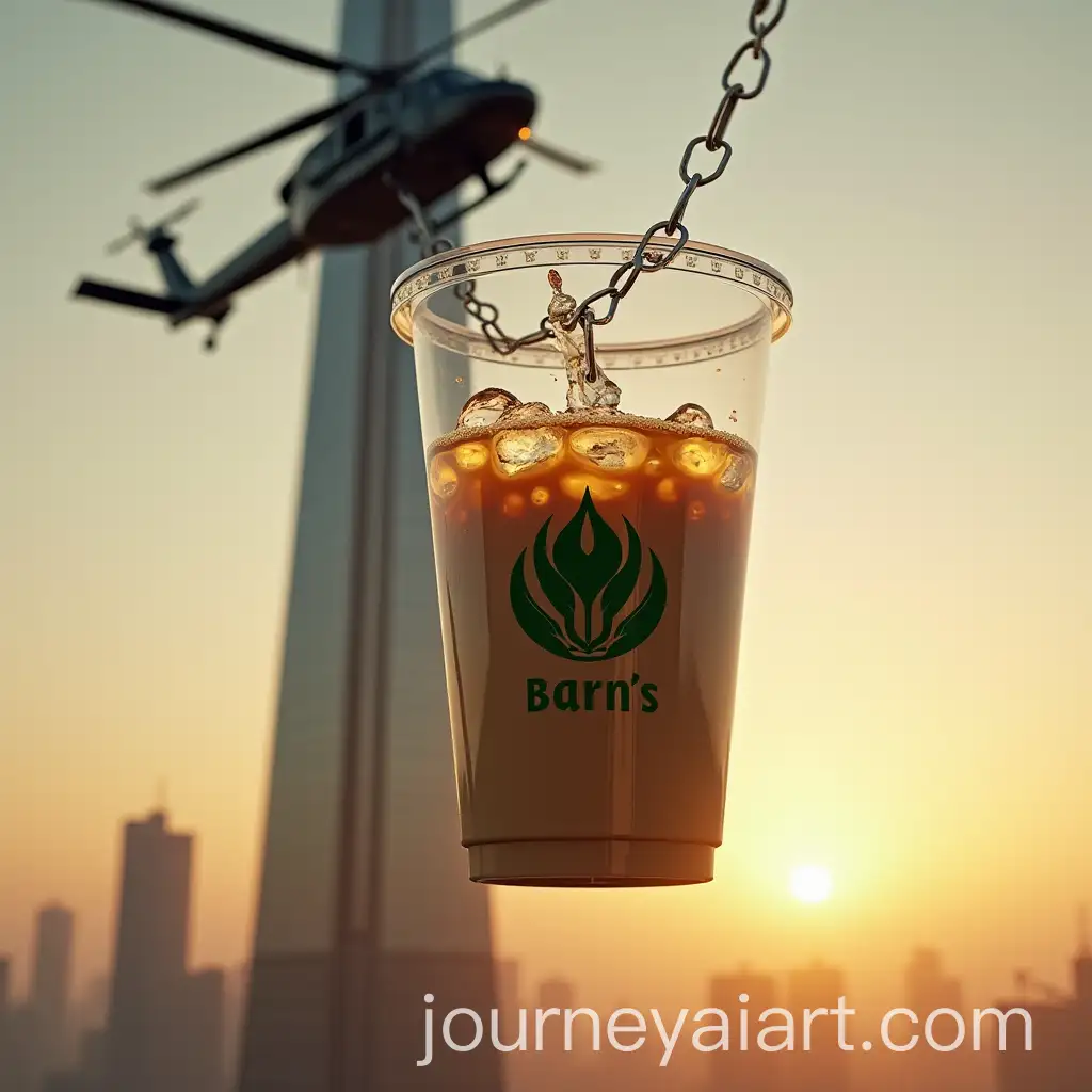 Iced-Coffee-in-a-Helicopter-Over-Cityscape-at-Sunset