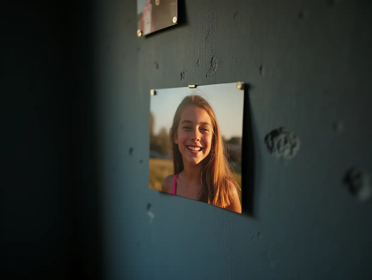 A photo of a young girl, attached to a dark wall. She is smiling, standing in the open air on a sunny day, with warm light falling on her face. The girl looks carefree and happy, her long hair slightly blowing in the wind. The photo stands out against the background of the dark, slightly worn-out wall, creating a stark contrast between her bright image and the gloomy atmosphere of the room.