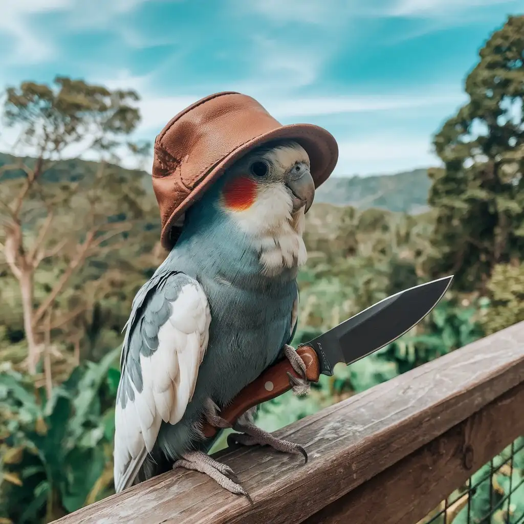 Cockatiel Dundee Wearing a Leather Hat with Knife